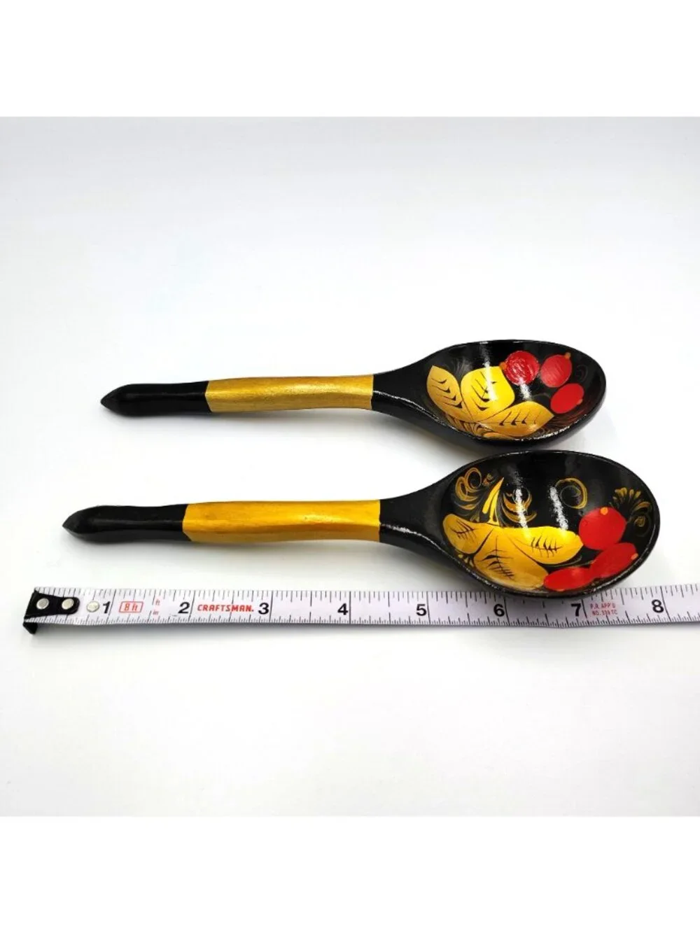 Hand Painted Wooden Serving Spoon Set Khokhloma Style Red Berries Folk Art Pair
